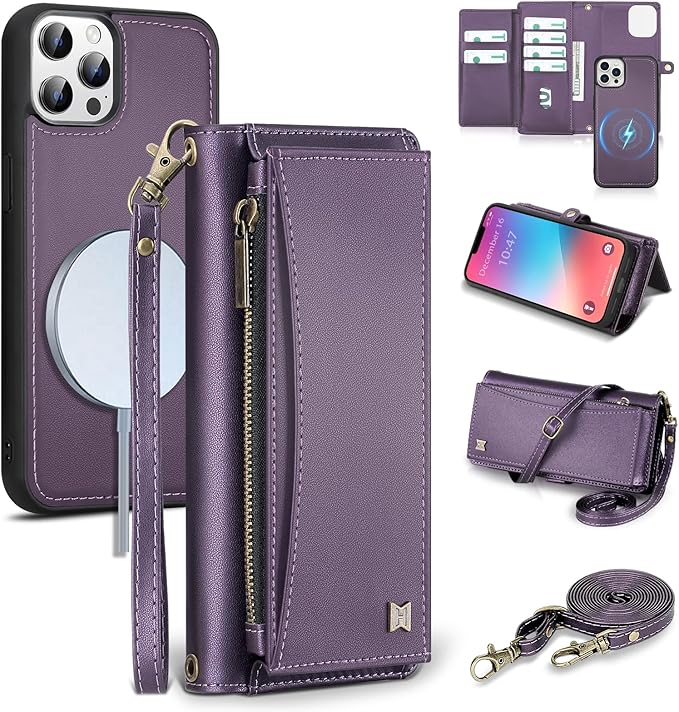 Wallet Case for iPhone 13 Pro Max with Card Holder/Crossbody Wallet/Strap| RFID Blocking | Magnetic | Kickstand | Detachable | PU Leather Phone Case for iPhone 13 Pro Max,6.7 in,Purple