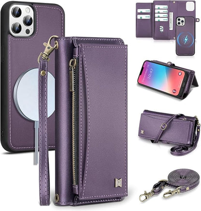Wallet Case for iPhone 13 Pro Max with Card Holder/Crossbody Wallet/Strap| RFID Blocking | Magnetic | Kickstand | Detachable | PU Leather Phone Case for iPhone 13 Pro Max,6.7 in,Purple