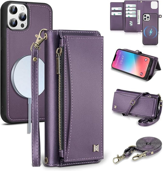 Wallet Case for iPhone 13 Pro Max with Card Holder/Crossbody Wallet/Strap| RFID Blocking | Magnetic | Kickstand | Detachable | PU Leather Phone Case for iPhone 13 Pro Max,6.7 in,Purple
