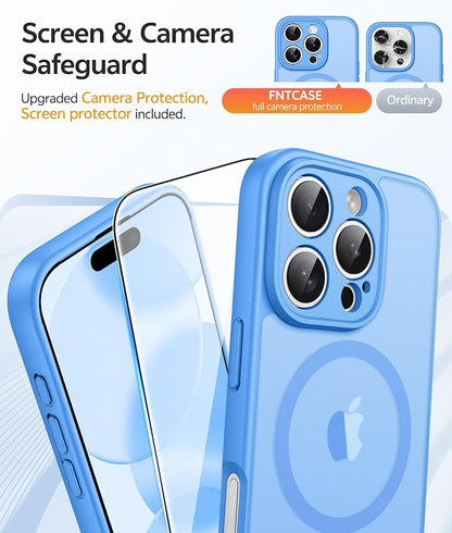 FNTCASE for iPhone 16 Pro Max Case, Fit for Magsafe, Glass Screen Protector | Full Camera Protection, Translucent Matte, 14FT Military Grade Drop Proof, Shockproof Protective Phone Cover, Ice Blue