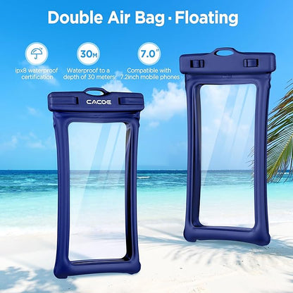 CACOE Universal Waterproof Phone case 2 Pcs-Up to 7.0",Phone Pouch with Adjustable Neck Lanyard,IPX8 Cellphone Dry Bags for Beach Pool Swimming (Black+Dark Blue, Up to 7.0"-Floatable)