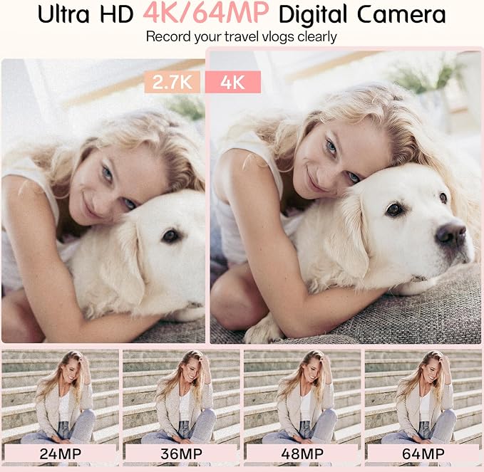 Digital Camera, 4K Vlogging Camera with 64MP, Point and Shoot Digital Cameras with 18X Zoom, Anti-Shake, Mode Dial, 32GB SD Card, Card Reader, Charger, Compact Small Cameras, White