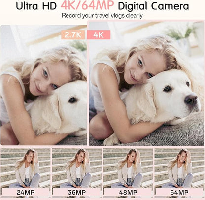 Digital Camera, 4K Vlogging Camera with 64MP, Point and Shoot Digital Cameras with 18X Zoom, Anti-Shake, Mode Dial, 32GB SD Card, Card Reader, Charger, Compact Small Cameras, Pink