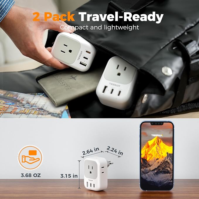 TESSAN US‑Brazil Plug Adapter, Type‑N Adaptor 2‑Pack | 4 Outlets,3 USB Ports (2 USB‑C PD20W), 7‑in‑1 Design