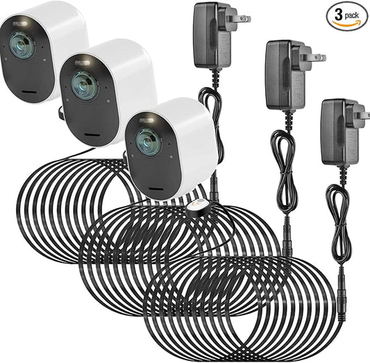 3Pack 25FT Magnetic Charging Cable for Arlo Pro 4/Arlo Ultra 2/Arlo Pro3/Arlo Ultra/Arlo Pro 5S 2K/Go 2 Camera,Power Adapter and Power Cable,Weather Resistant Outdoor Charger Cable - (White)