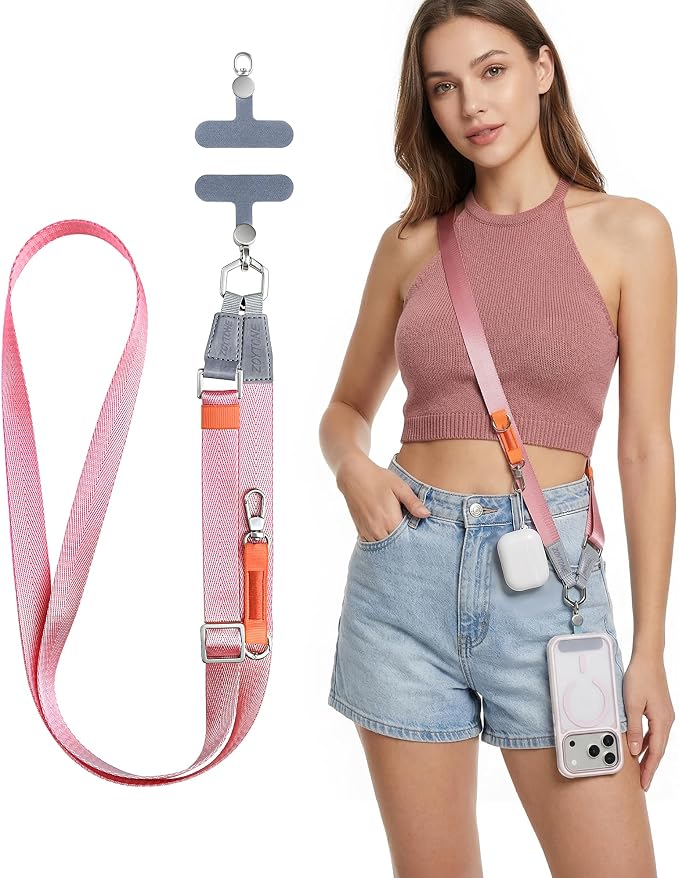 Phone Lanyard Crossbody with 2 Phone Tabs, Adjustable Anti Theft Phone Strap for iPhone & Android, Universal Skin-Friendly Cell Phone Neck Lanyard for Travel Hiking Cycling Shopping (Pink)