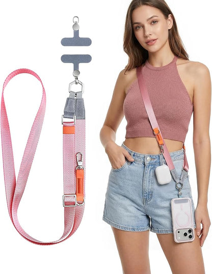 Phone Lanyard Crossbody with 2 Phone Tabs, Adjustable Anti Theft Phone Strap for iPhone & Android, Universal Skin-Friendly Cell Phone Neck Lanyard for Travel Hiking Cycling Shopping (Pink)
