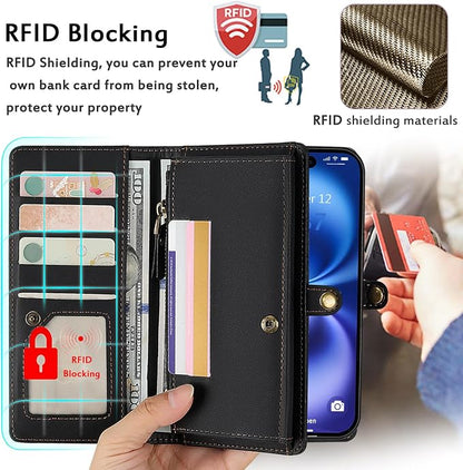 for Wallet Case Compatible with iPhone 16,Multi-Function Detachable 2 in 1 Magnetic iPhone 16 Case Wallet,Flip Strap Zipper Card Holder Phone Case with Shoulder Straps (Black)
