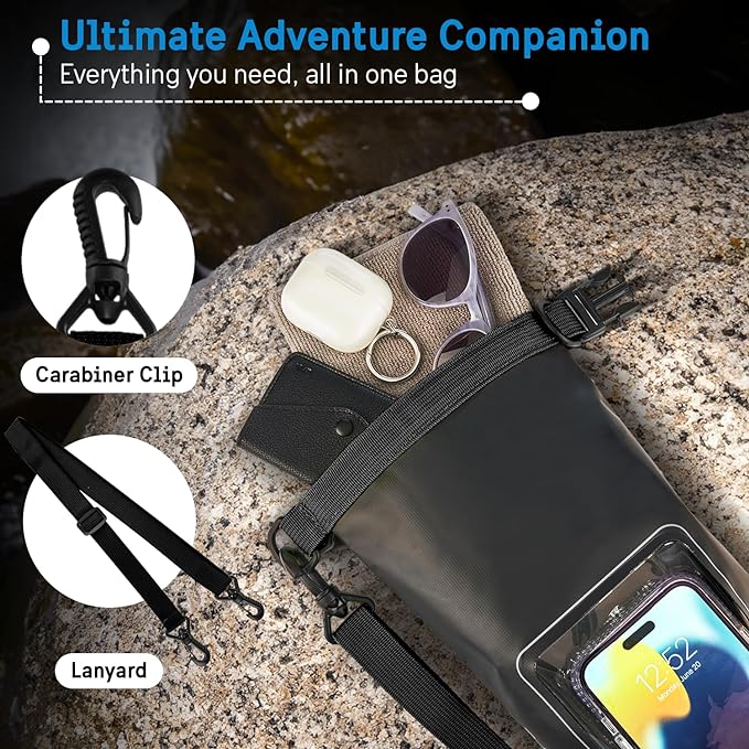 Pelican Marine IP68 Waterproof Dry Bag 2L - Roll Top Waterproof Backpack w/Phone Case/Pouch - Boating & Kayak Accessories - Essentials for Camping Swimming Beach Fishing Rafting Travel - Black