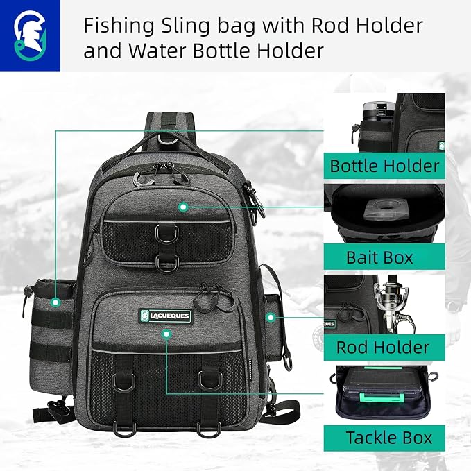 22L Fly Fishing Sling Bag - Fits 3x 3700 Tackle Boxes, 12 D-Rings, Rod Holster, Water Bottle Holder, Phone Pocket (Grey)