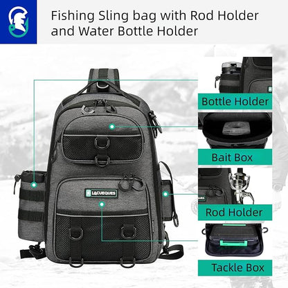 22L Fly Fishing Sling Bag - Fits 3x 3700 Tackle Boxes, 12 D-Rings, Rod Holster, Water Bottle Holder, Phone Pocket (Grey)