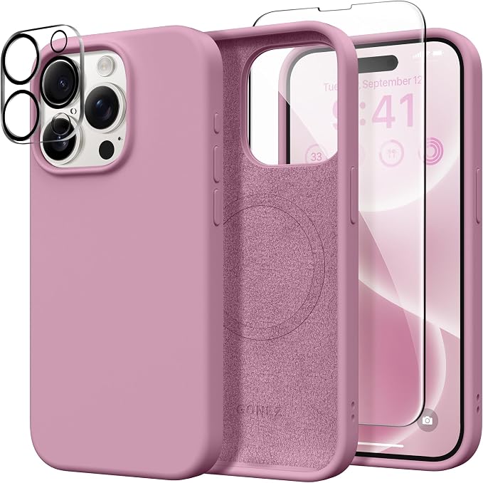 GONEZ Magnetic for iPhone 15 Pro Case, Compatible with MagSafe, [Screen Protector + Camera Lens Protector], Silicone Shockproof Anti-Scratch Protective Phone Case 6.1 inch, Blackcurrant