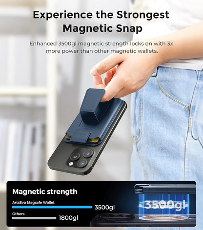 ArtsEvo Magnetic Wallet with Stand and Finger Loop, Up to 3,000g Magnet Strength, Compatible with iPhone Magnetic Wallet for iPhone 17/16/15/14/13/12 Series (Not for 13/12 Mini). Max 3 Card Holder