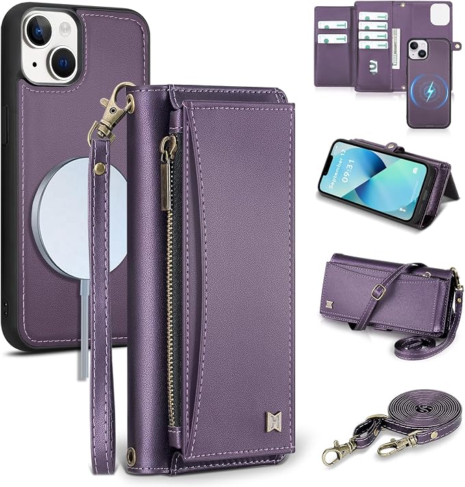 Wallet Case for iPhone 13 with Card Holder/Crossbody Wallet/Strap| RFID Blocking | Magnetic | Kickstand | Detachable | PU Leather Phone Case for iPhone 13,6.1 in,Purple