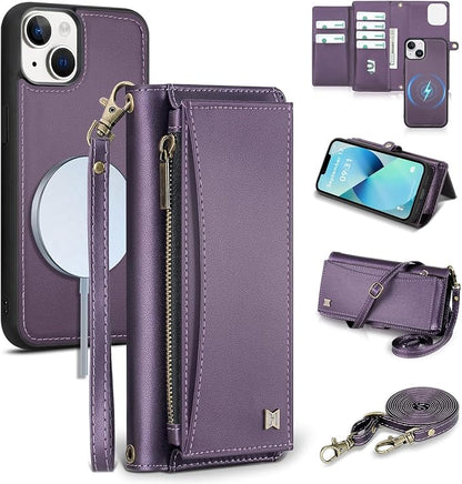 Wallet Case for iPhone 13 with Card Holder/Crossbody Wallet/Strap| RFID Blocking | Magnetic | Kickstand | Detachable | PU Leather Phone Case for iPhone 13,6.1 in,Purple