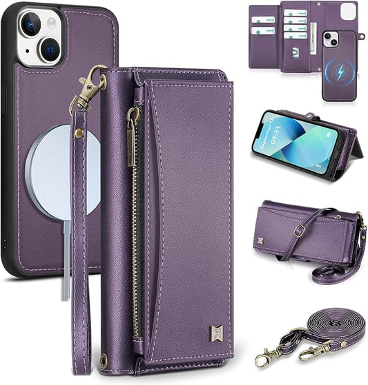 Wallet Case for iPhone 13 with Card Holder/Crossbody Wallet/Strap| RFID Blocking | Magnetic | Kickstand | Detachable | PU Leather Phone Case for iPhone 13,6.1 in,Purple