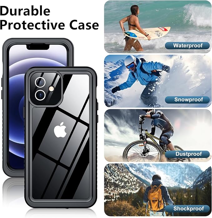 Temdan for iPhone 12 Case for iPhone 12 Pro Case, [12 FT Military Grade Drop Protection] with 2 Pack [Glass Screen Protector+ Camera Lens Protector] Non-Slip Shockproof Case,Black
