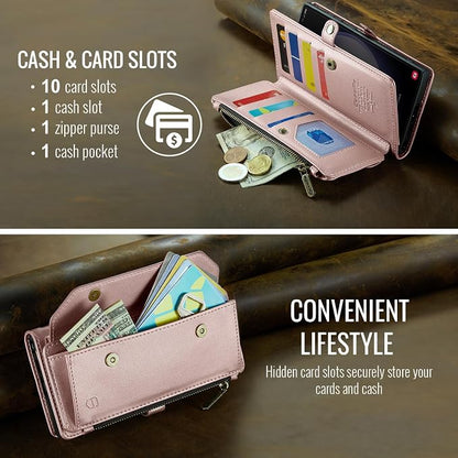 Strapurs Crossbody Wallet Case Compatible with Samsung Galaxy S22 Ultra 5G RFID Blocking 10-Card Holder Soft PU Leather Magnetic Snap Strap Zipper Pocket Phone Case Fit for Galaxy S22 Ultra - RoseGold