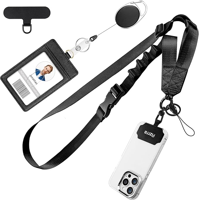 Azrra Adjustable Crossbody Cell Phone Lanyard for iPhone with Phone Tethers & Retractable ID Badge Card Holder (Solid Black)
