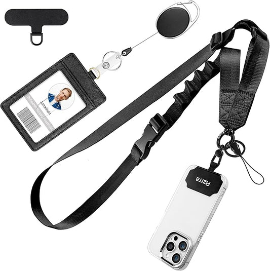 Azrra Adjustable Crossbody Cell Phone Lanyard for iPhone with Phone Tethers & Retractable ID Badge Card Holder (Solid Black)