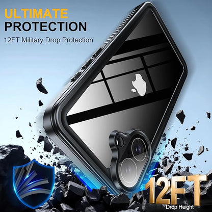 ANTSHARE for iPhone 17 Case, IP68 Waterproof Shockproof Case, [Built-in Screen Protector] - 12 FT Military Dropproof - Full Body Heavy Duty Rugged Phone Cover 6.3 inches - Black/Clear