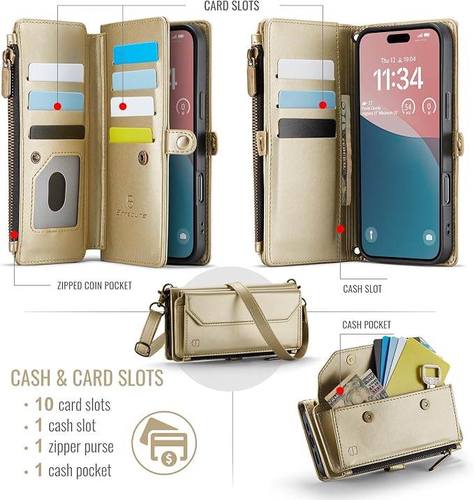 Strapurs Wallet Case Compatible with iPhone 16 Plus 6.7" RFID Blocking 10-Card Holder Soft PU Leather Magnetic Snap Shoulder Strap Zipper Pocket Phone Case Fit for iPhone 16 Plus - Gold