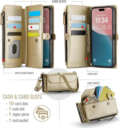Strapurs Wallet Case Compatible with iPhone 16 Plus 6.7" RFID Blocking 10-Card Holder Soft PU Leather Magnetic Snap Shoulder Strap Zipper Pocket Phone Case Fit for iPhone 16 Plus - Gold