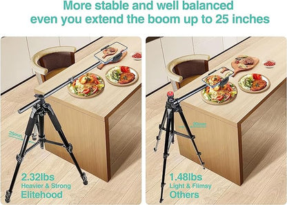 Elitehood iPhone Tripod for Overhead Video Recording [Heavy Duty & Ultra-Stable], 25in Horizontal Long Extendable Boom, 360° Rotation iPhone Tripod Stand with Remote, Vertical 71" Tall Phone Stand