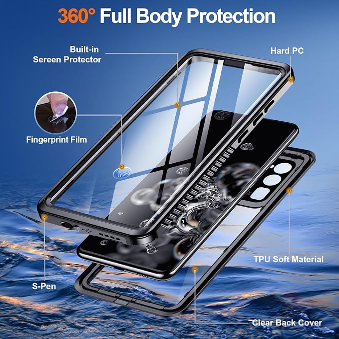 Hualele Waterproof Galaxy S20 Ultra Case, Built in Lens & Screen Protector Rugged Full Body Heavy Duty Protective Shockproof IP68 Underwater Cover for Samsung Galaxy S20 Ultra Black