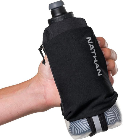 Nathan SpeedDraw 2 Insulated Handheld Running Water Bottle Flask – Double-Wall Insulation, Ergonomic Grip, Blast Valve Cap, Phone & Key Storage Pockets, Reflective Design - 18oz Insulated - Black