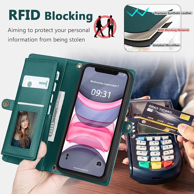 Wallet Case for iPhone 11 with Card Holder/Crossbody Wallet/Strap| RFID Blocking | Magnetic | Kickstand | Detachable | PU Leather Phone Case for iPhone 11,6.1 in,Green