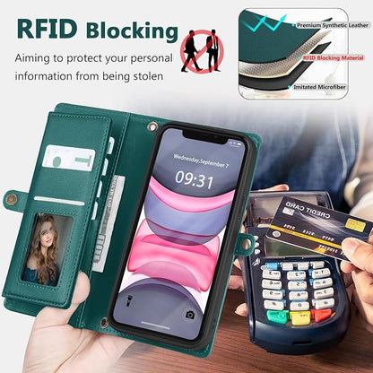 Wallet Case for iPhone 11 with Card Holder/Crossbody Wallet/Strap| RFID Blocking | Magnetic | Kickstand | Detachable | PU Leather Phone Case for iPhone 11,6.1 in,Green