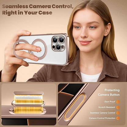 Desert Titanium for iPhone 16 Pro Case With 360° Spin Magnetic Stand,[Compatible With Magsafe] [Military Protection][Built-in Ring Holder]Camera Control Phone Case for 16 Pro,Rose Gold/Clear