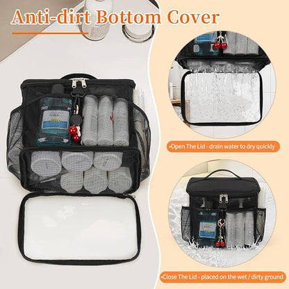 CUBETASTIC Shower Caddy Portable Mesh Shower Tote for Bathroom, Gym, Travel, Camping - Quick Dry Hanging Organizer Toiletry Bag with Handle for College Dorm Room, Men & Women (A# Black, 9.8")