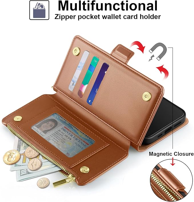 Antsturdy Compatible with iPhone 12 Wallet Case,RFID Blocking PU Leather Phone Case Women Men Kickstand Flip Cover Wrist Strap Zipper Credit Card Holder Slots,for Apple 12 Pro 6.1",Light Brown