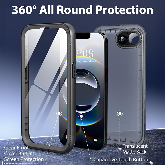 SPORTLINK for iPhone 16e/17e Waterproof Phone Case - Built in Screen & Camera Lens Protector,6.6FT Military Dropproof/Shockproof/Dustproof/IP68 Underwater for iPhone 16e/17e (6.1 inch) SE4 Black