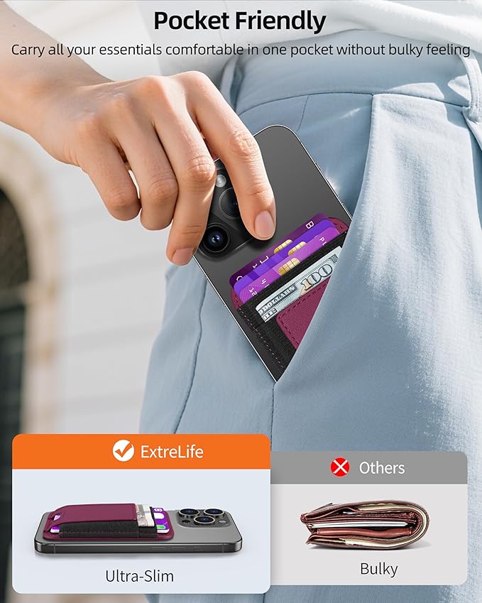 ExtreLife for Magsafe Wallet, Strongest Magnetic Wallet for iPhone 17/16/15/14/13/12 Series, For iPhone Magsafe Wallets, RFID Blocking, Vegan Leather, Fit 7 Cards, Cherry-new