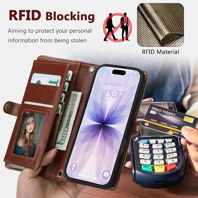 Wallet Case for iPhone 17 with Card Holder/Crossbody Wallet/Strap,[RFID Blocking][Magnetic] PU Leather Phone Case for iPhone 17,6.3 in,Brown