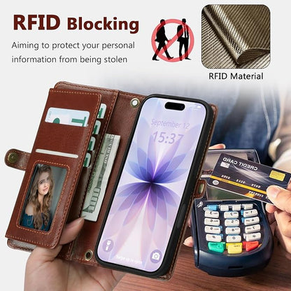 Wallet Case for iPhone 17 with Card Holder/Crossbody Wallet/Strap,[RFID Blocking][Magnetic] PU Leather Phone Case for iPhone 17,6.3 in,Brown