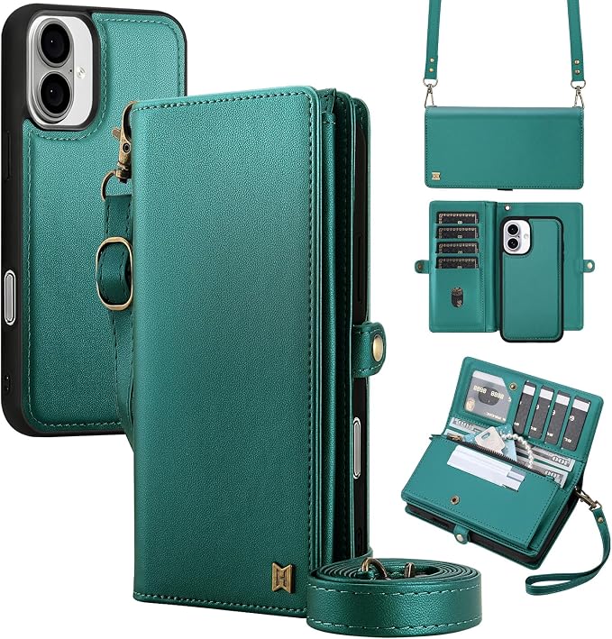 for Wallet Case Compatible with iPhone 16 Plus,Multi-Function Detachable 2 in 1 Magnetic iPhone 16 Plus Wallet,Flip Strap Zipper Card Holder Phone Case with Shoulder Straps (Green)