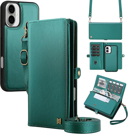 for Wallet Case Compatible with iPhone 16 Plus,Multi-Function Detachable 2 in 1 Magnetic iPhone 16 Plus Wallet,Flip Strap Zipper Card Holder Phone Case with Shoulder Straps (Green)
