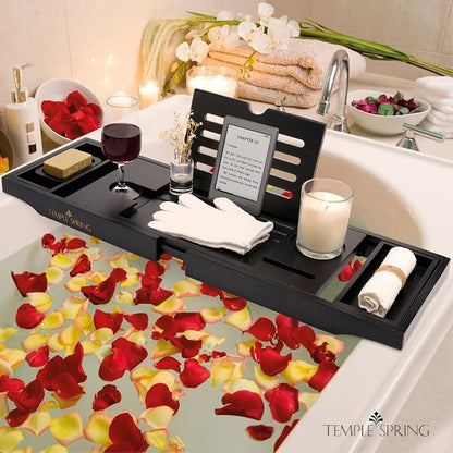 Temple Spring Bamboo Bathtub Tray Caddy for Tub — Expandable Wood Bath Tray with Solid Book Stand Wine Holder and Non-Slip Pads — Includes Bamboo Soap Dish and Spa Accessories — Luxury Bath Gift Set
