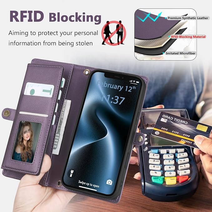 Wallet Case for iPhone 12/12 Pro with Card Holder/Crossbody Wallet/Strap| RFID Blocking | Magnetic | Kickstand | Detachable | PU Leather Phone Case for iPhone 12/12 Pro,6.1 in,Purple