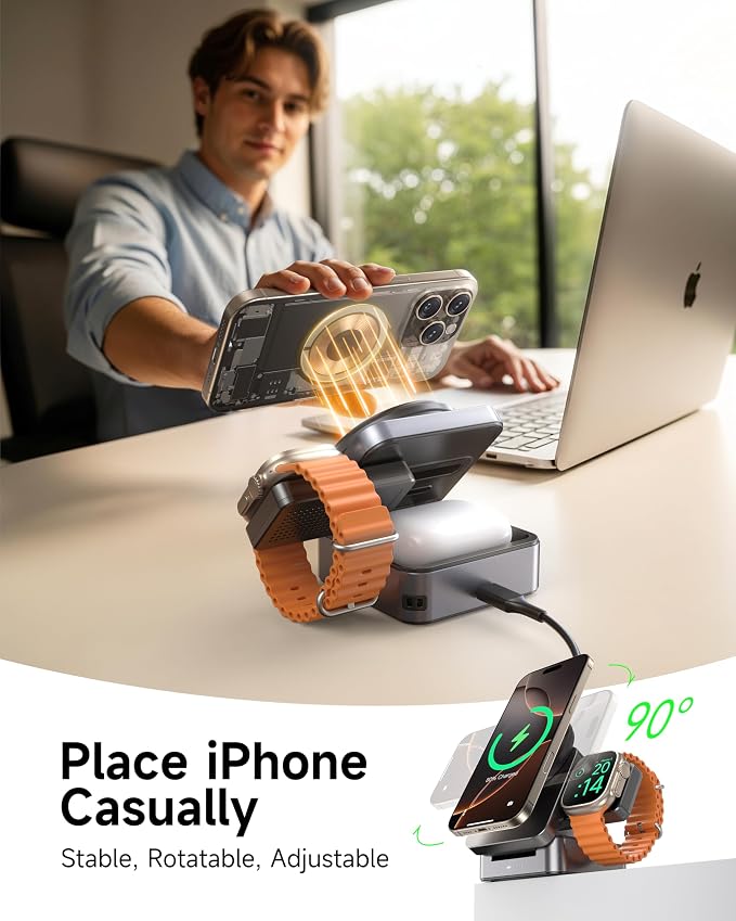 ZEEHOO 3-in-1 Foldable Magnetic Wireless Charging Station, Qi2 Certified 15W Travel Charger Stand Dock for iPhone 17/16/15/14/13/12 Series, Apple Watch, AirPods (30W Adapter Included)