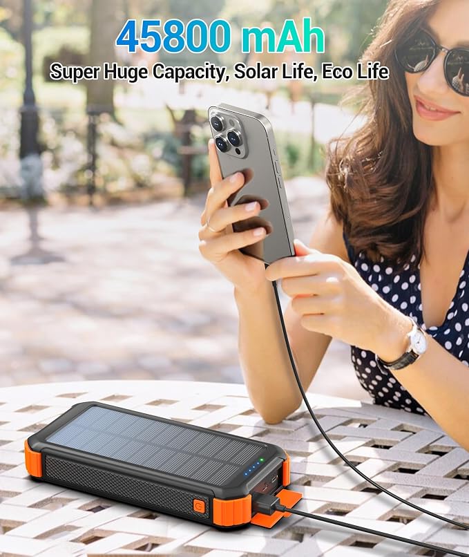 LATIMERIA 45800mAh Solar Charger Power Bank, Portable Phone Charger with 5V3.1A QC 3.0 Fast Charging, Solar Panel USB C in/Output for Cellphone, External Battery Pack with Dual Flashlights for Hiking