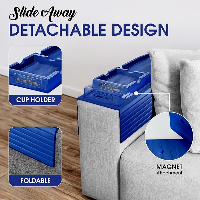 Couch Cup Holder Tray with 2 Cork Coasters, Couch Caddy, Anti-Slip Foldable Armrest Sofa Tray, Couch Armrest Table, Anti-Spill Holder for Remote, Snacks, Cellphone - Ideal Gift (Blue)