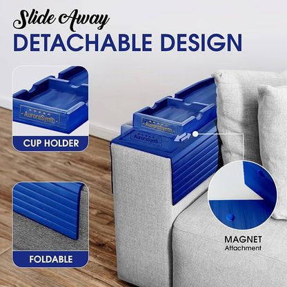 Couch Cup Holder Tray with 2 Cork Coasters, Couch Caddy, Anti-Slip Foldable Armrest Sofa Tray, Couch Armrest Table, Anti-Spill Holder for Remote, Snacks, Cellphone - Ideal Gift (Blue)