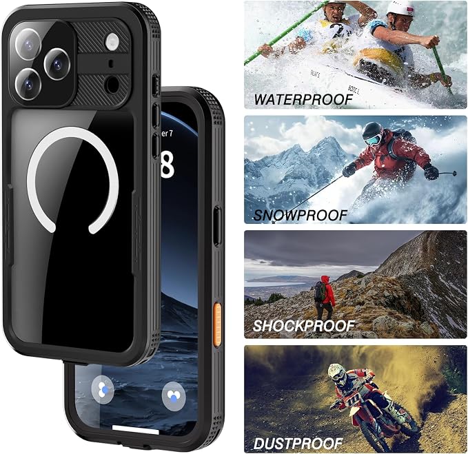 Magnetic for iPhone 17 Pro Max Case Waterproof, Full-Body Protection Case with Built-in Screen and Cameras Protector, Military Shockproof and Dustproof Phone Cover for iPhone 17 Pro Max (Black/Clear)