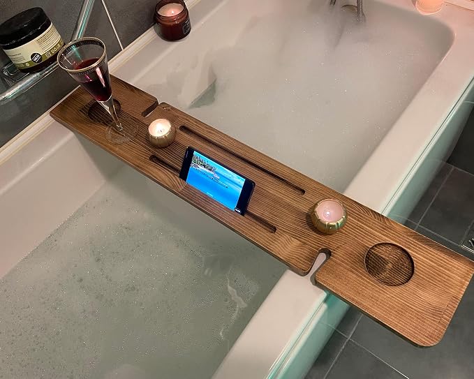Handmade Wooden Bathtub Tray - 3 Different Size Options - Rustic Structure - Water Insulator - Bath Tray Caddy with Wine Glass Holder (36", BLACK BROWN)