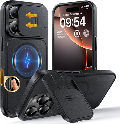 TOCOL for iPhone 16 Pro Case with Slide Camera Cover, Kickstand and Camera Control Button, Fit for MagSafe, Rugged Solid Phone Case, Non-Slip, Drop Protection, Space Black